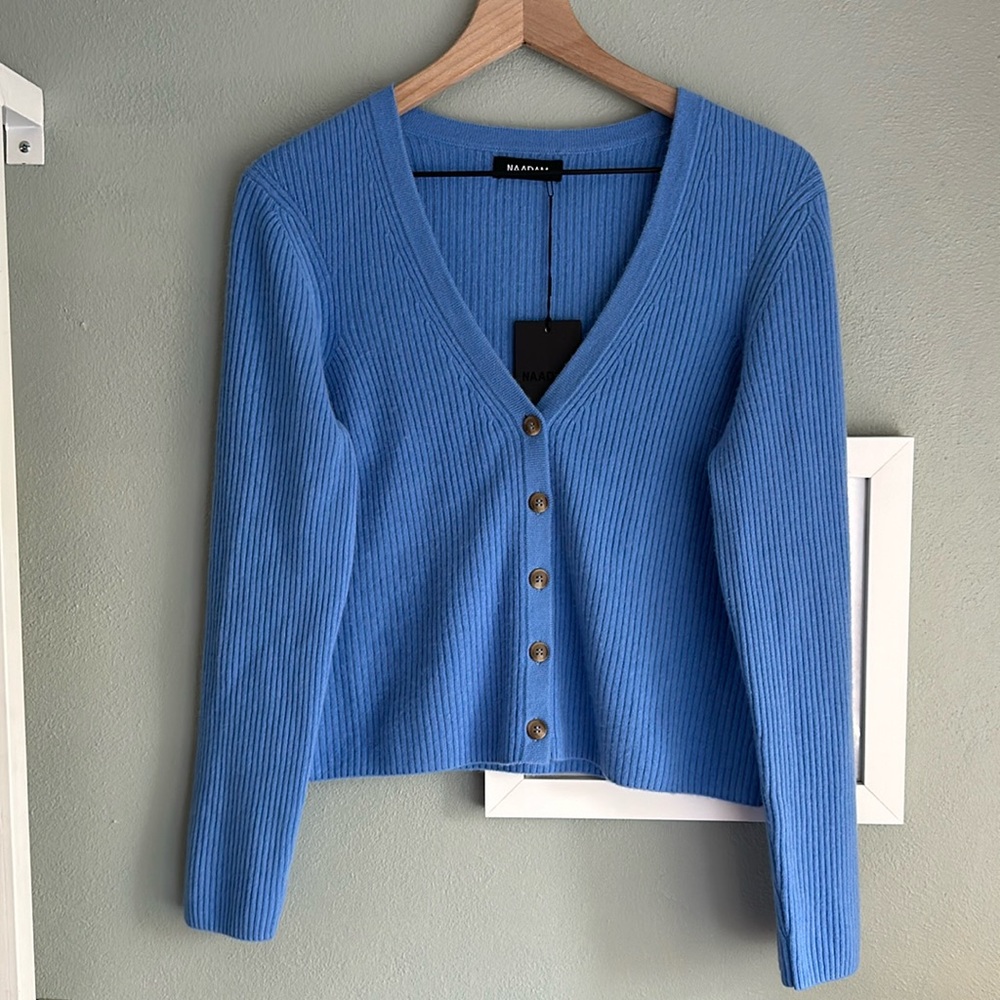NAADAM Blue Ribbed Cardigan Sweater